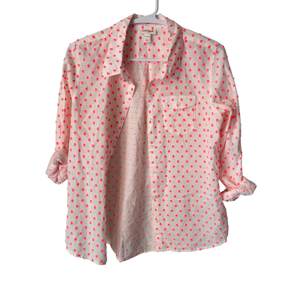 Cat & Jack Girls XL 14/16 White Neon Pink Clip Dot Roll Tab Button Down Shirt‎